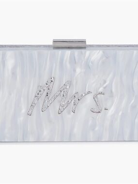 Olga Berg Pearl White 'Mrs.' Acrylic Clutch